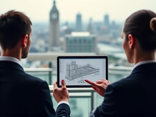 Legal experts examining architectural plans on a digital tablet